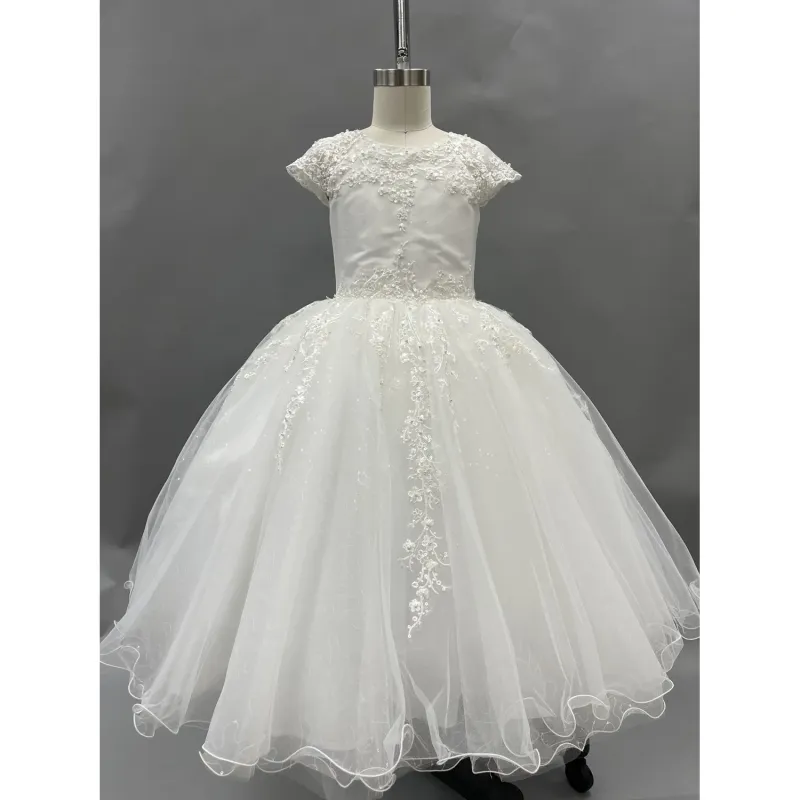 DRESS OFF WHITE TULLE EMBROIDERED SEQUIN LACE ON BODICE & SKIRT / Z23097