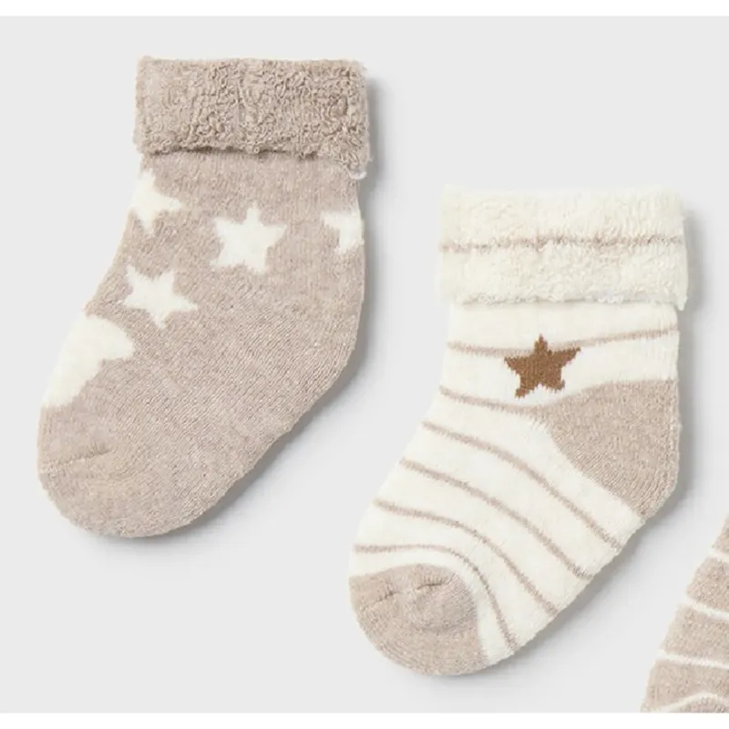 2 PC SOCK SET WITH CUFF BEIGE & BROWN STRIPE & BROWN WITH STARS / 9653-014