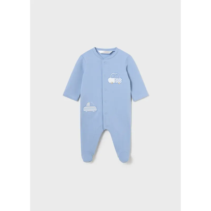 ROMPER BLUE FRONT CLOSURE 2 CAR APPLIQUE / 1726-042