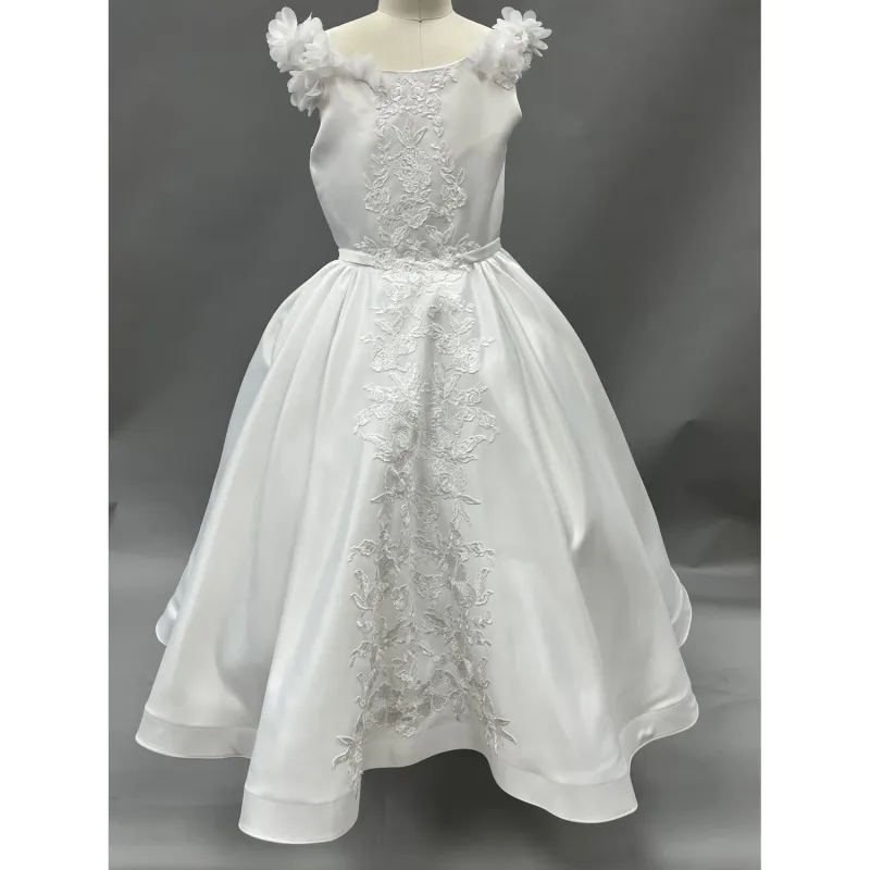 DRESS WHITE TEA LENGTH SATIN FLOWER SHOULDER TRIM FRONT LACE PANEL TRIM / 124401