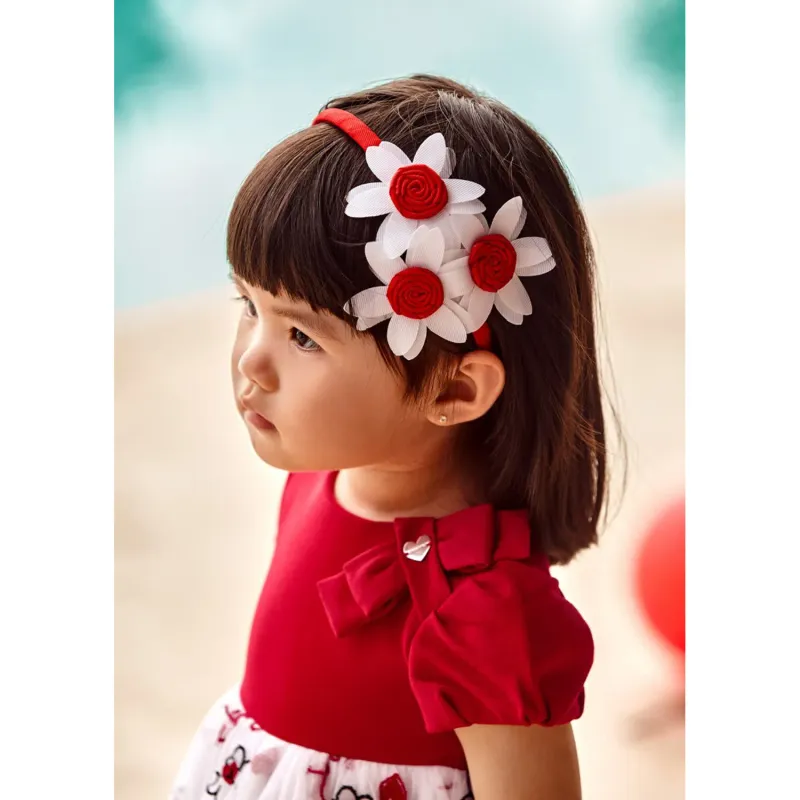 HARD HEADBAND RED WHITE FLOWER APPLIQUE / 10424-059