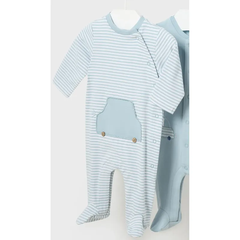 ROMPER TEAL BLUE SIDE CLOSURE CAR APPLIQUE STRIPED / 1726-041