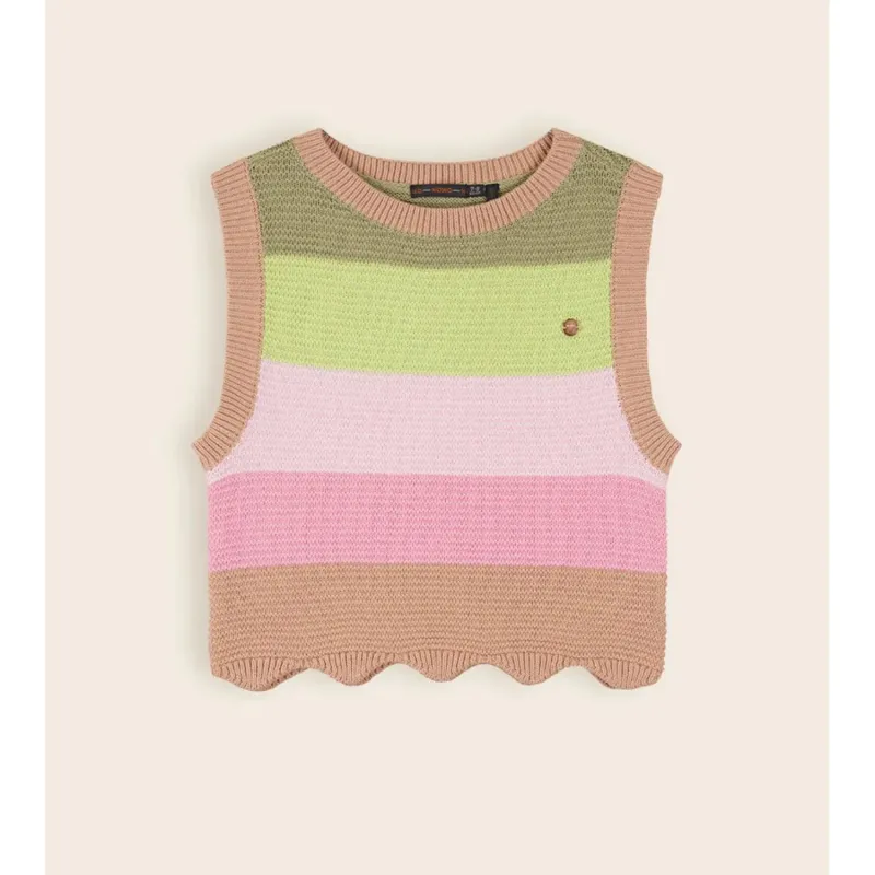 KNIT CROPPED VEST MULTICOLERED STRIPE BEIGE PINK GREEN / N402-5306-427