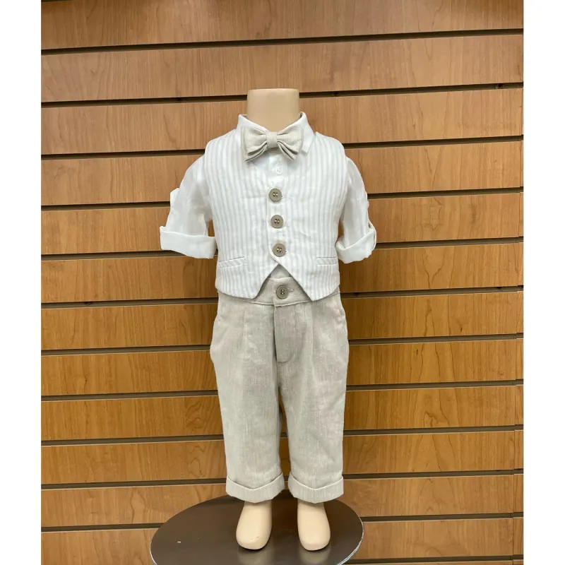4PC VEST SET BEIGE & CREAM WITH SUSPENDERS STRIPE & LINEN O-ONZIE / E2846-BE-BY