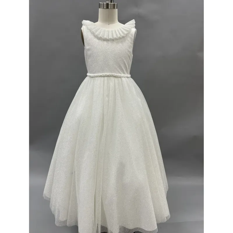 DRESS OFF WHITE SHIMMER NETTING PLEATED NECKLINE VBACK & BELT / D1022