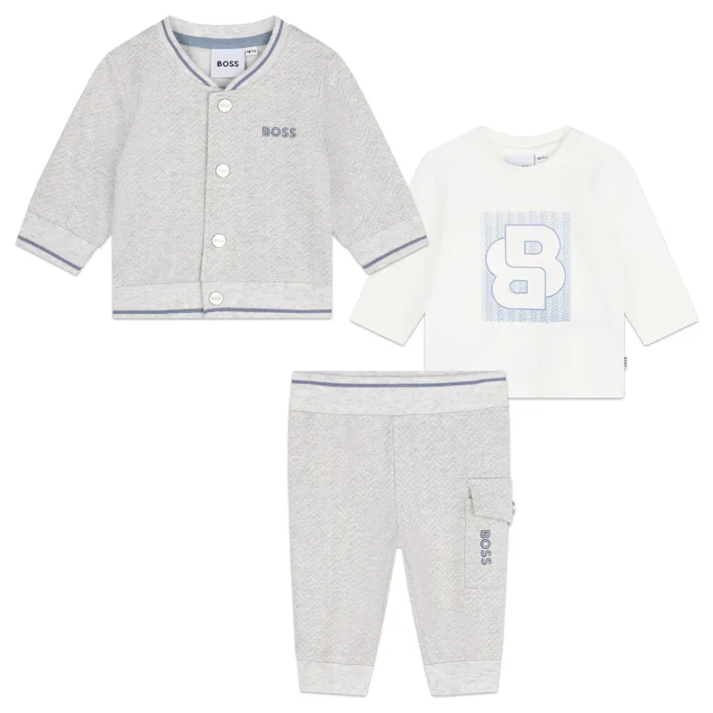 3PC GREY TRACKSUIT OFF WHITE TSHIRT BOSS LOGO / J51062-A10