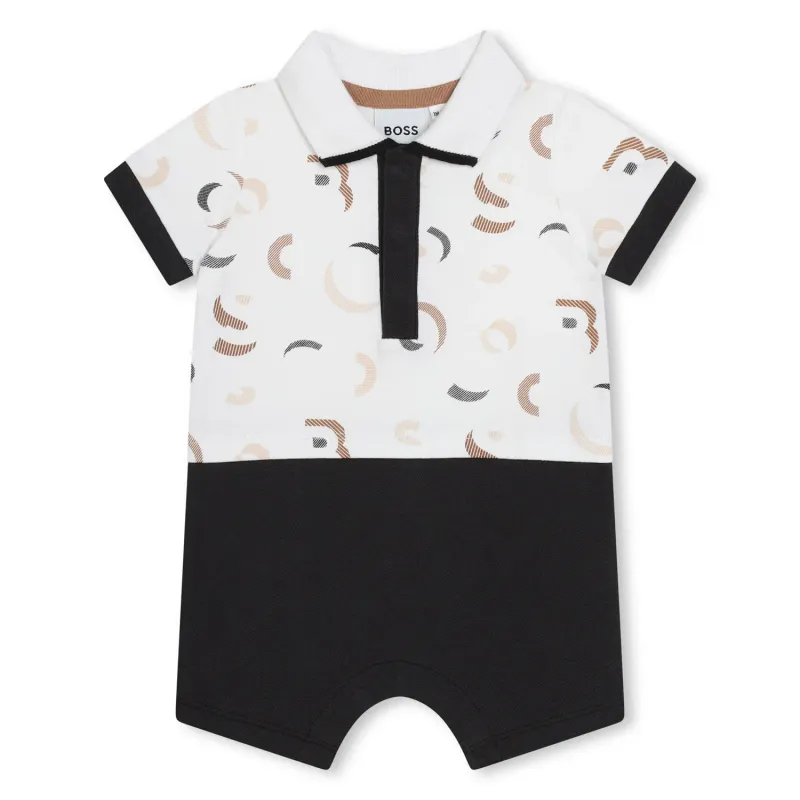 POLO SHORT ROMPER OVERALL WHITE & BLACK BROWN PRINT / J50789-N03