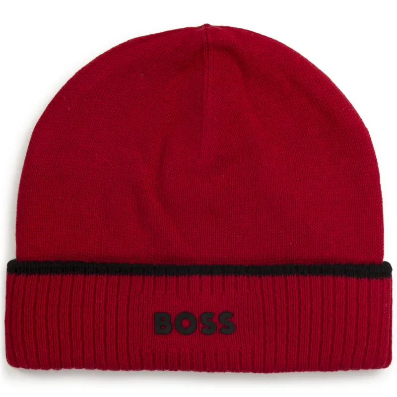 KNIT PULL ON HAT RED BLACK BOSS LOGO / J1131