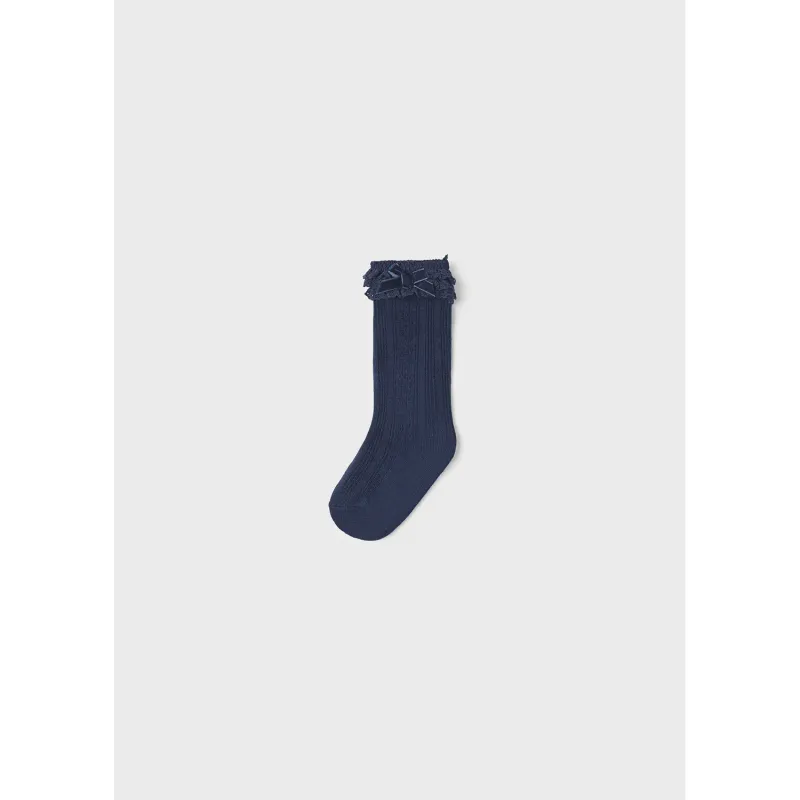 KNEEHIGH SOCKS NAVY LACE & VELVET BOW TRIM / 10525-089