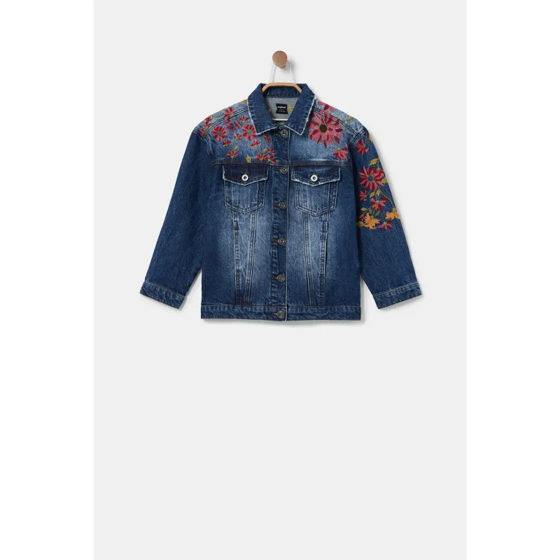 DENIM JACKET AMAZONAS RED FLOWER EMBRODORY / 21WGED02