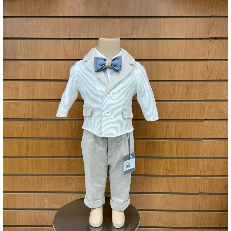 3 PC CARDIGAN SHIRT / ONZIE & PANT WHITE & BEIGE BLUE BOWTIE / E2841-BY