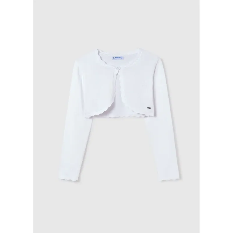 WHITE KNIT BOLERO CARDIGAN SCALLOPED EDGE TRIM / 332-080