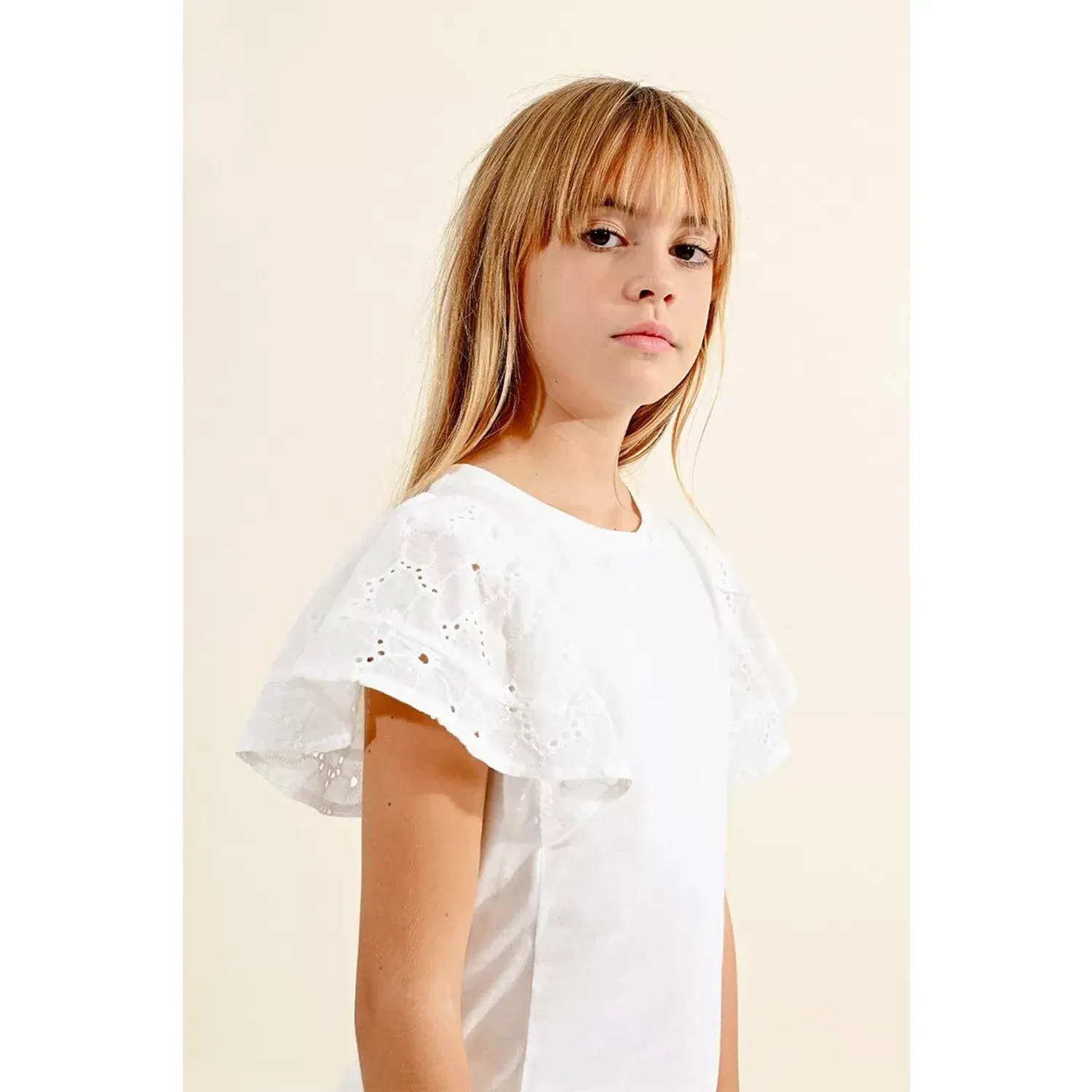 TSHIRT WHITE EYELET CAP SLEEVE / MMEF1541CP