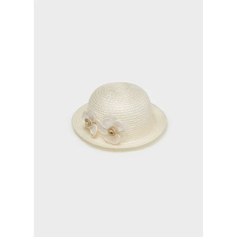 WHITE STRAW HAT BEIGE FLOWER APPLIQUE / 10203