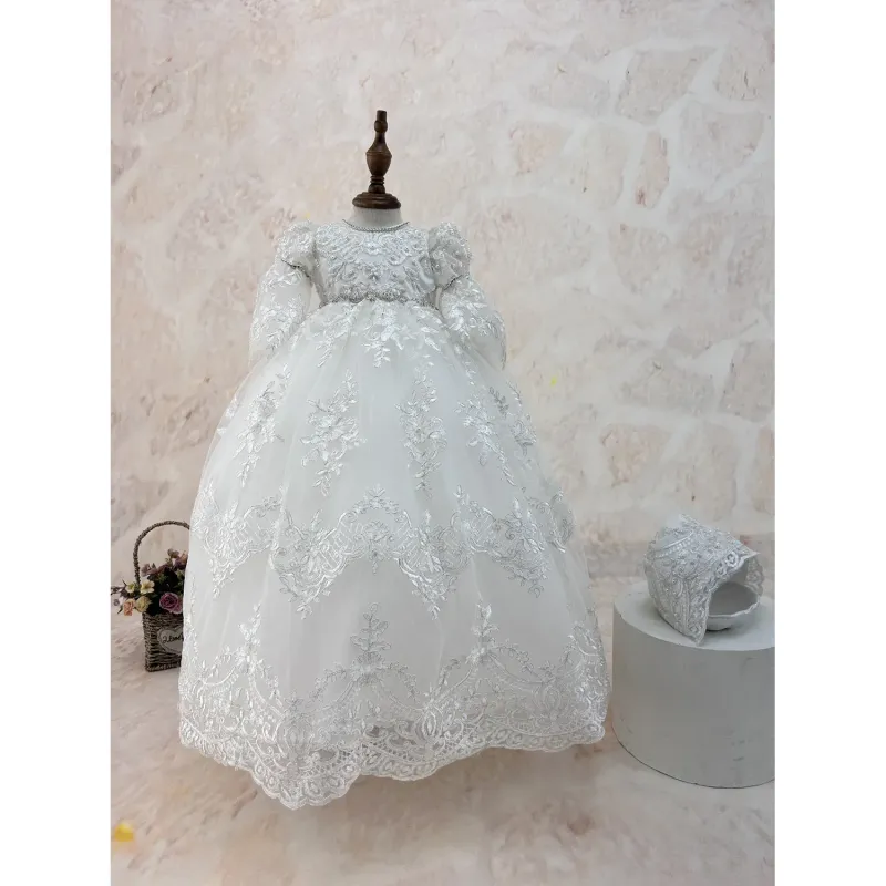 BAPTISM / CHRISTING GOWN & HAT OFF WHITE EMBROIDERED TULLE SILVER THREAD ALLOVER-BOW-RHINESTONE BELT / Y23119