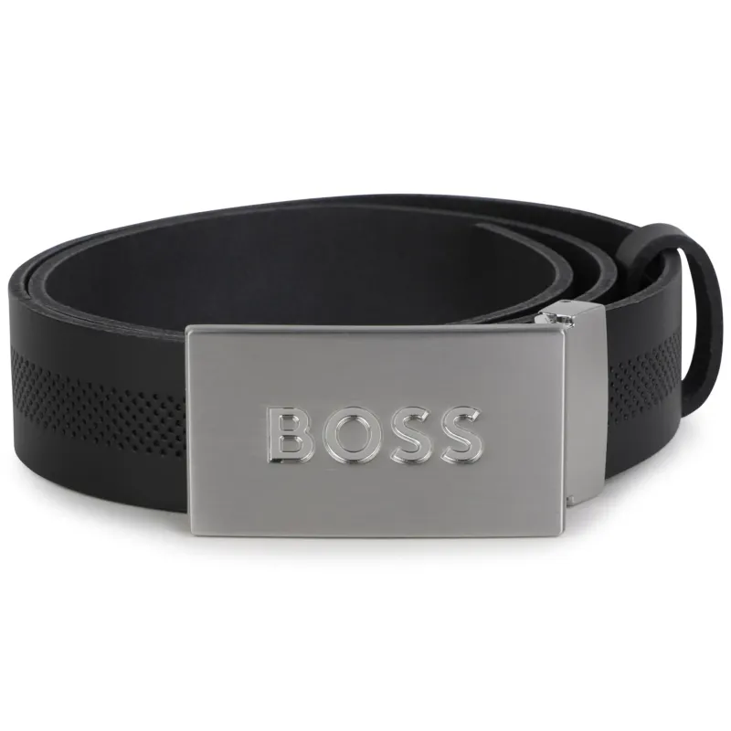 BELT BLACK LEATHER DOT PRINT SILVER BOSS LOGO BUCKLE / J20403-09B