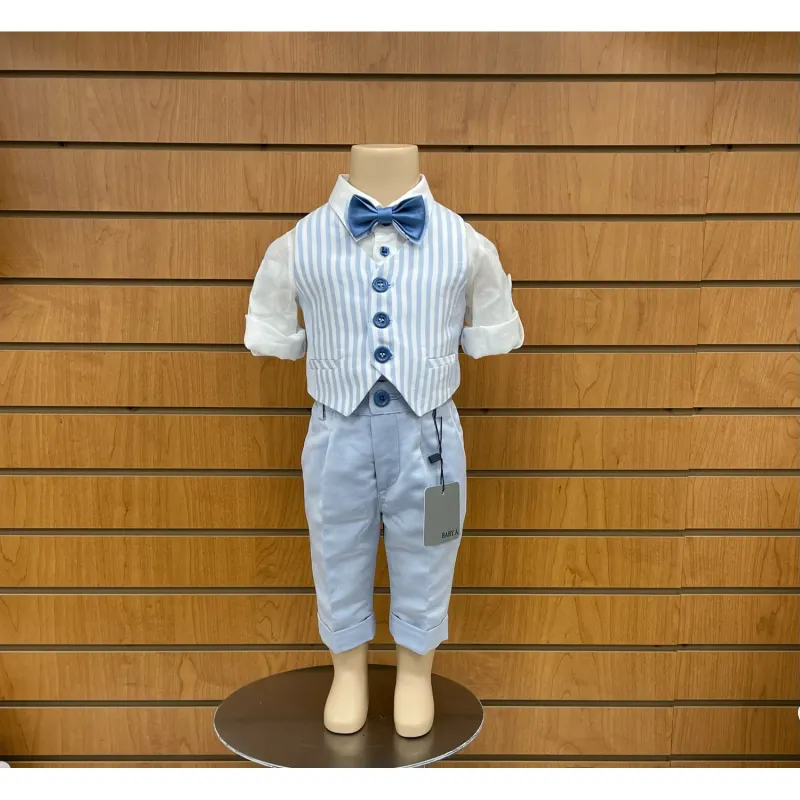 3PC VEST SET BLUE & WHITE STRIPED VEST & SHIRT ONZIE & BLUE PANT & BOWTIE / 2813-BY