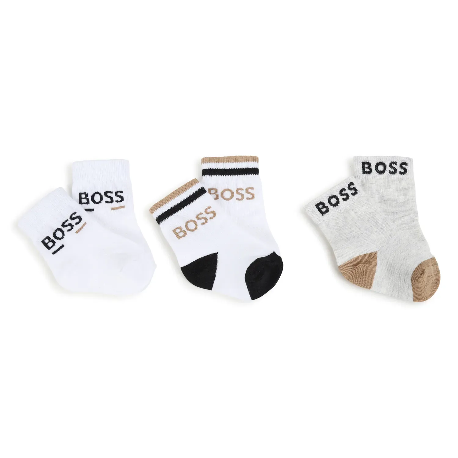 3PACK SOCKS WHITE & BEIGE WITH BROWN OR BLACK TRIM & LOGO / J10919-10P