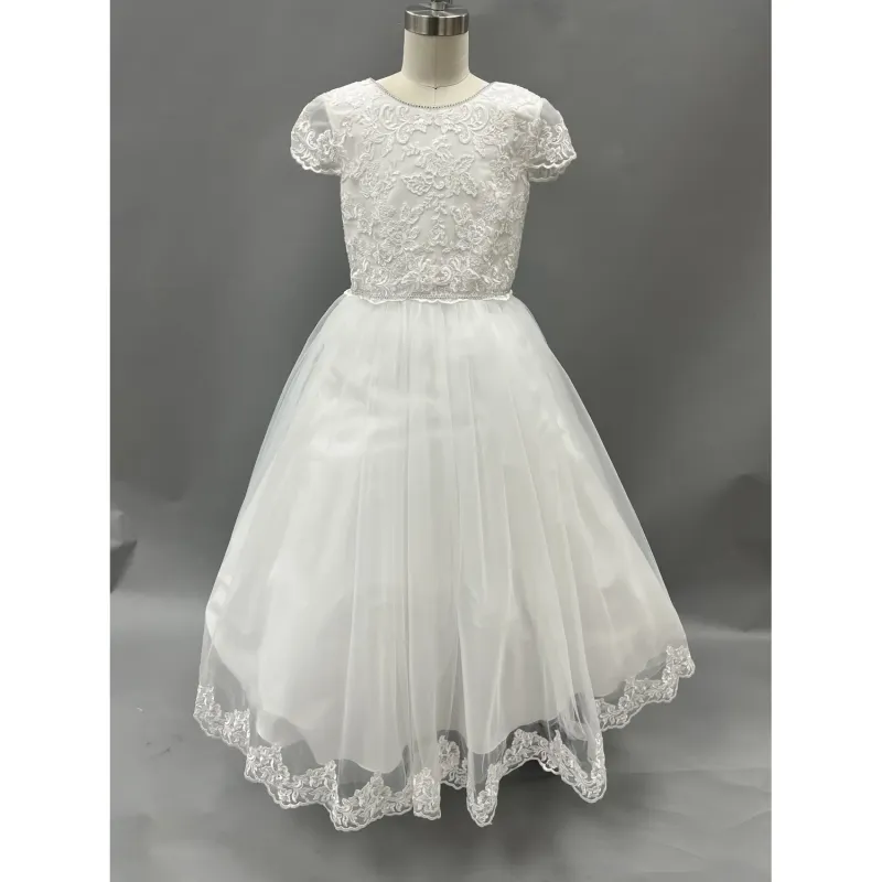 GOWN WHITE LACE BODICE CAP SLEEVE & HEM TRIM TULLE SKIRT / FG1970H