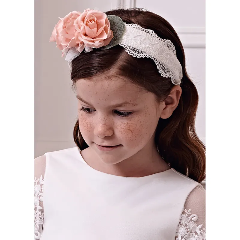 HARD HEADBAND CREAM LACE & BLUSH FLOWER TRIM / 5415-001