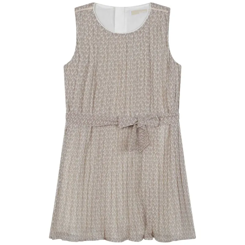 DRESS & BELT BEIGE & BROWN PLEATED CHIFFON MINI ME LOGO / R12142-148