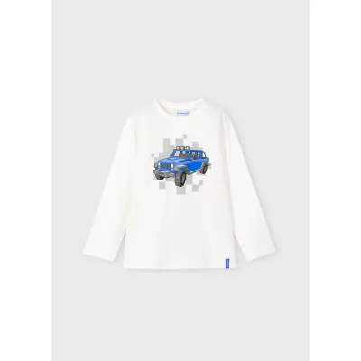 CREAM TSHIRT BLUE TRUCK PRINT LONG SLEEVE / 4052-079