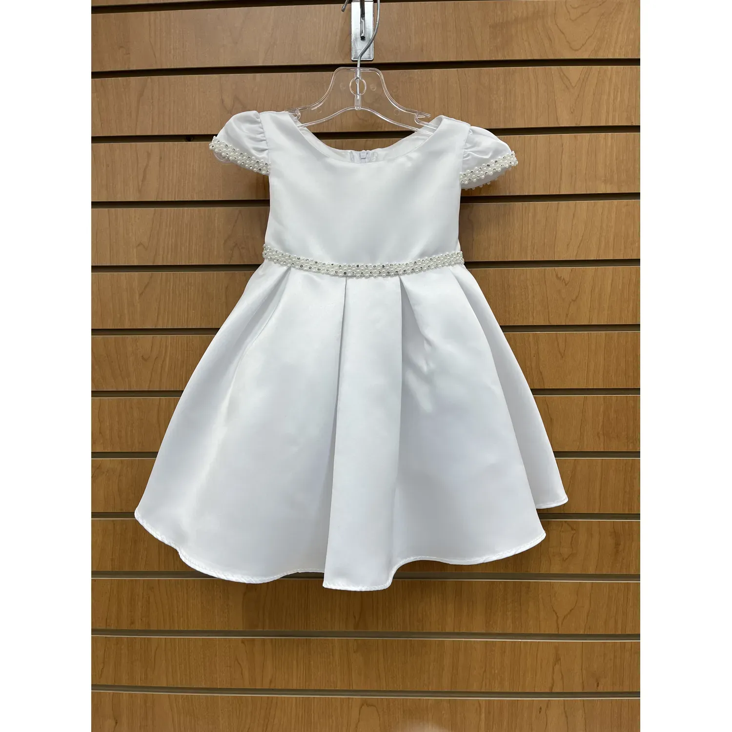 WHITE DRESS SATIN PLEATS PEARL & RHINESTONE TRIM / KD544