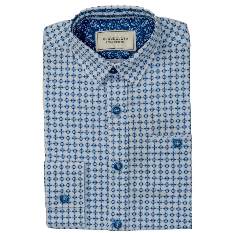 SHIRT WHITE & NAVY DIAMOND PRINT 4 WAY STRETCH CLOUDCLOTH / SH9814