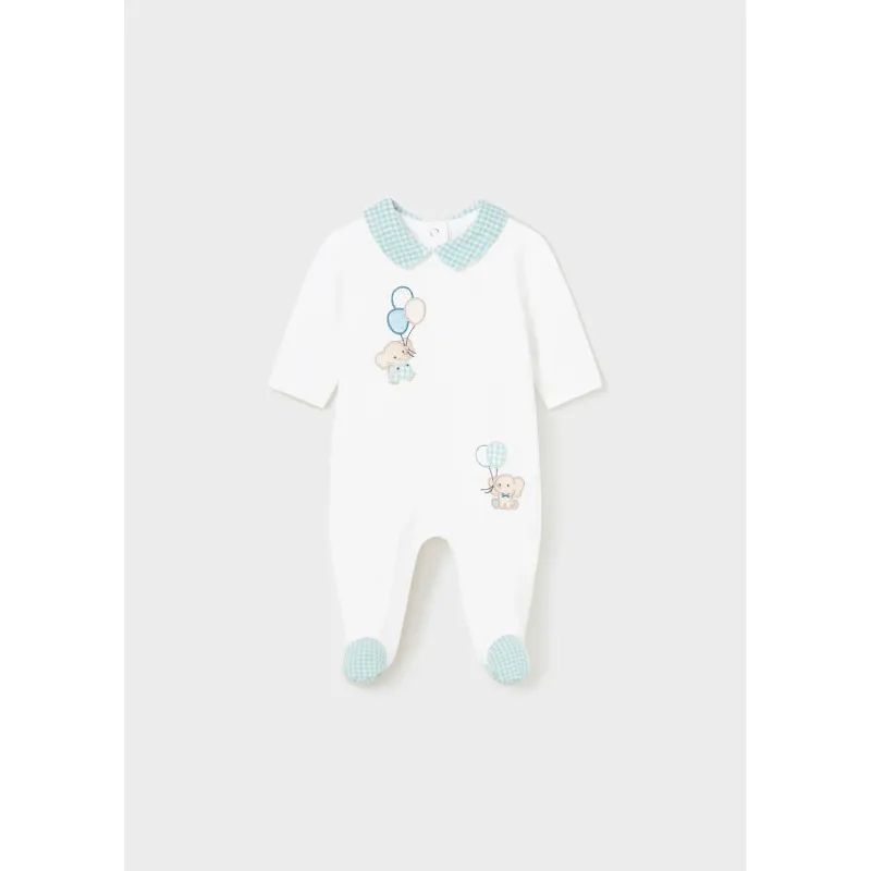 ROMPER WHITE GREEN CHECK TRIM BALLOON APPLIQUE / 1720-32