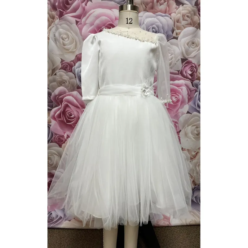 DRESS WHITE SATIN & TULLE SLEEVES PEARL TRIM WITH BELT / 2822