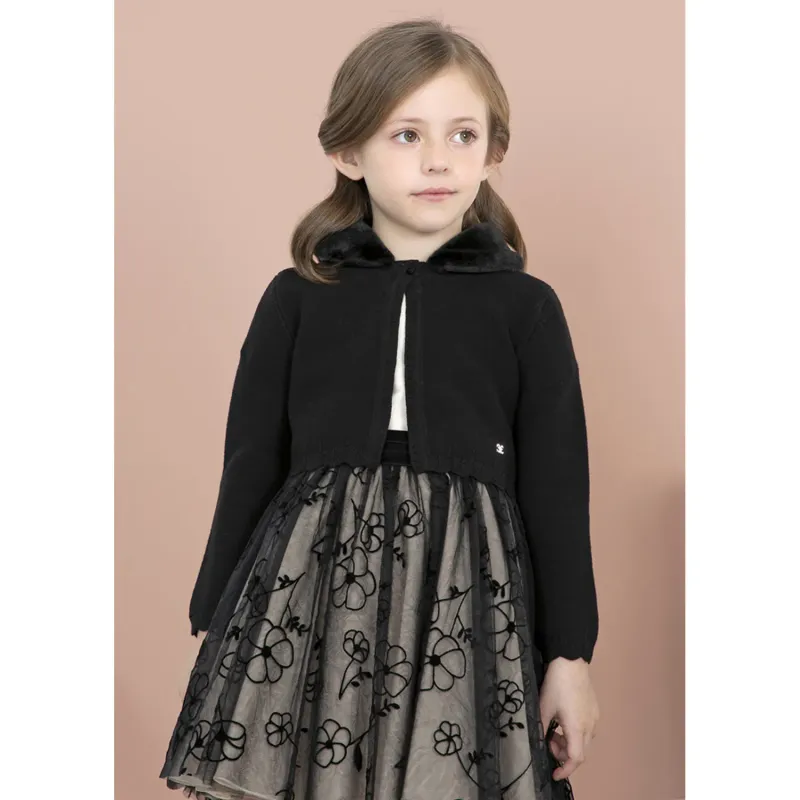 CARDIGAN BLACK FAUZ FUR REMOVABLE COLLAR / 5862-076