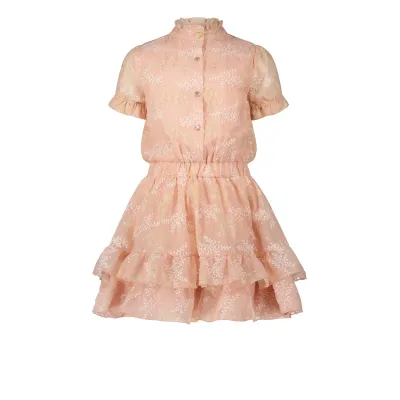 DRESS LIGHT PINK CHIFFON WHITE & GOLD LEAF PRINT FRONT CLOSURE SHORT SLEEVE FLOUNCES / C312-5812-220