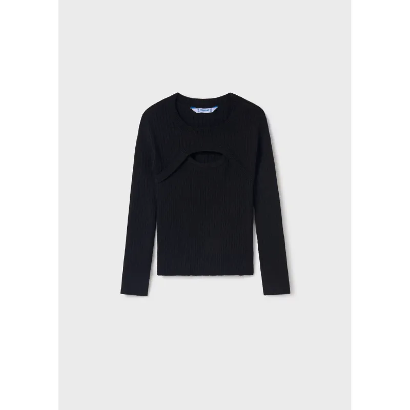 BLACK KNIT SWEATER RIBBED WITH CUTOUT / 7308-025
