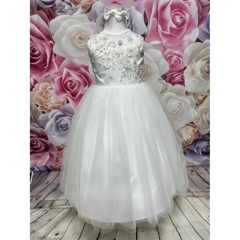 DRESS IVORY PEARL & LACE BODICE TULLE SKIRT LONG / 8168L