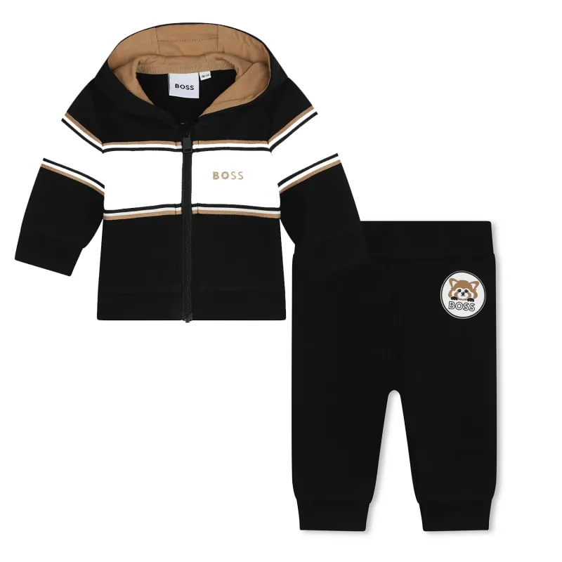 BLACK HOODED TRACKSUIT WHITE STRIPE ZIP CLOSURE / J51061-09B