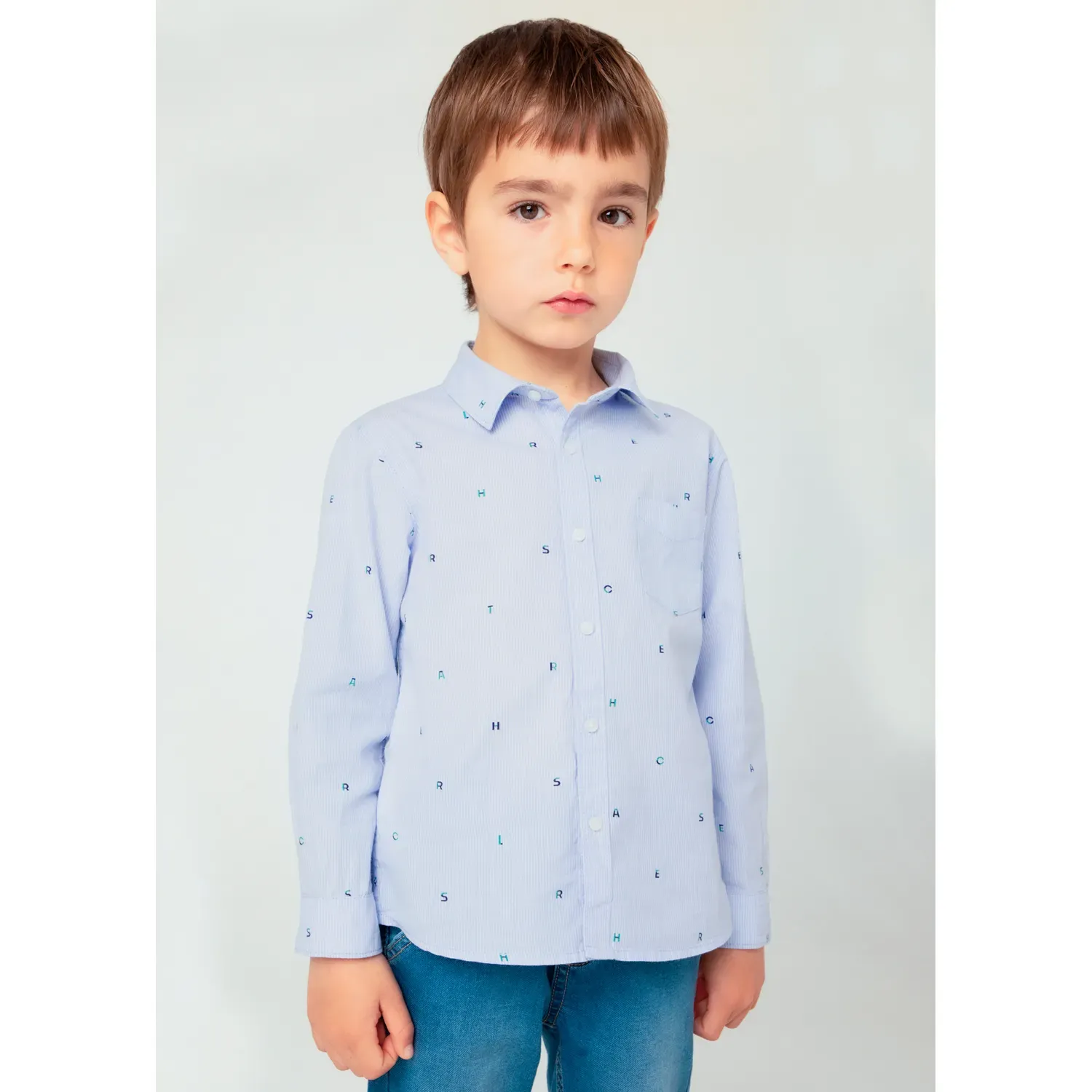 SKY BLUE SHIRT LONG SLEEVE THIN STRIPE PRINTED ALPHABET / 4110-053