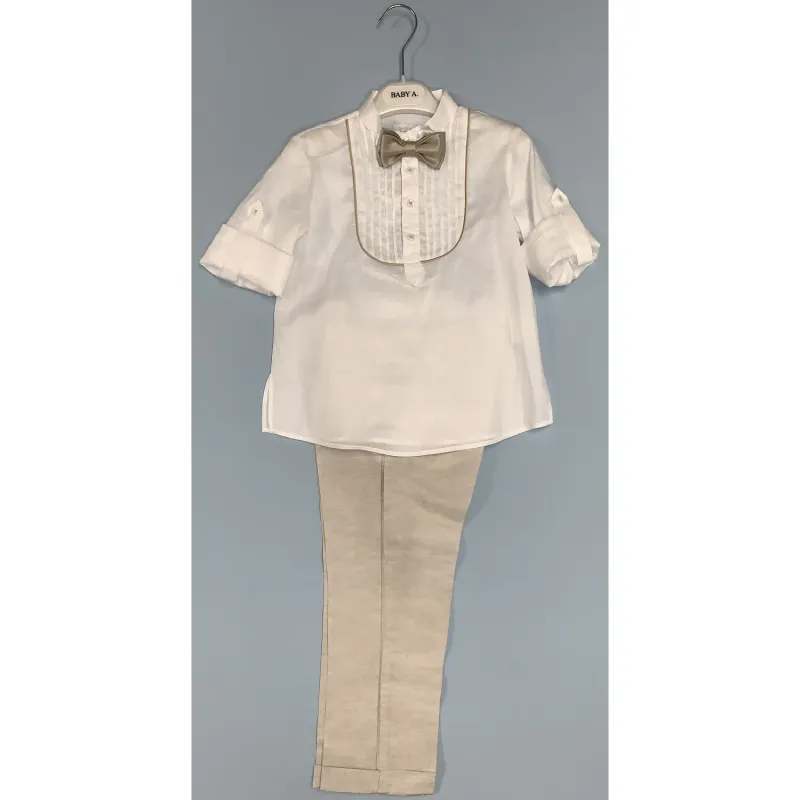 4PC SHIRT & PANT & BOWTIE & CUMMBERBAND WHITE & BEIGE / A2275