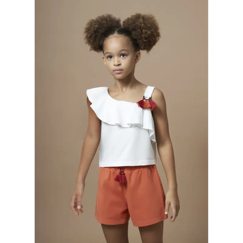 2PC SHORT SET WHITE TOP ORANGE SHORT OFF THE SHOULDER WITH FLOUNCE TOP / 6273-059