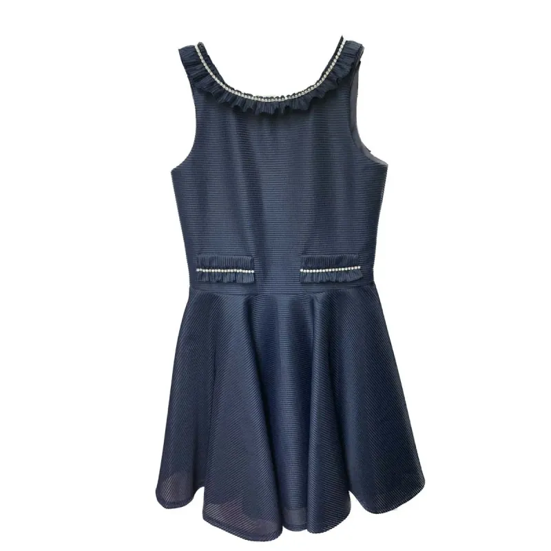 DRESS NAVY RUFFLE TRIM NECKLINE BACK & IMITATION POCKET / 4137A