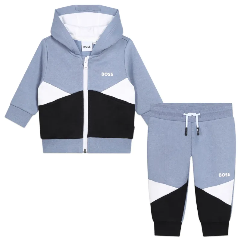 2PC BLUE JOGGING SET HOODED WHITE & BLACK PATTERN / J51262-049