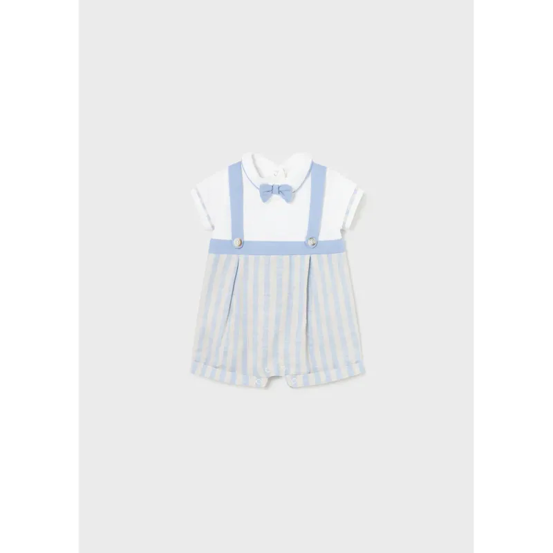 SHORT ROMPER WHITE & BLUE & BEIGE STRIPE IMITATION SUSPENDERS / 1636-096