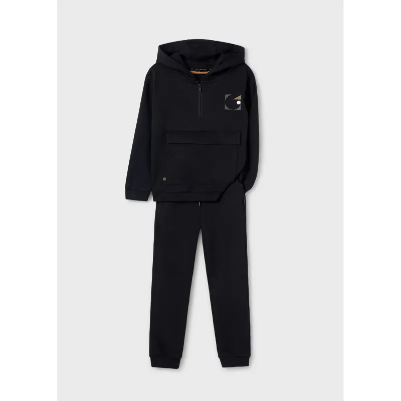 2PC BLACK HOODED TRACKSUIT FRONT POCKET / 7840-086