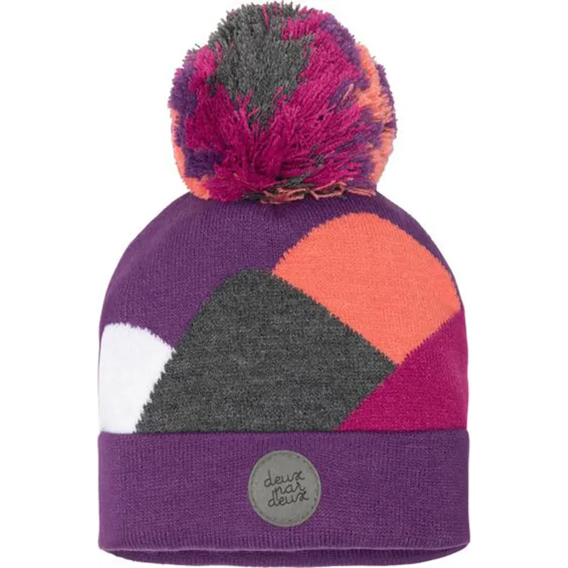 KNIT HAT PURPLE WITH MULTI COLORED SQUARES & POM POM / D10ZF01 KNIT HAT PURPLE WITH MULTI COLORED SQUARES & POM POM / D10ZF01