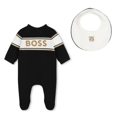 BLACK 2PC FOOTIE & BIB SET BROWN BOSS LOGO / J51064-09B