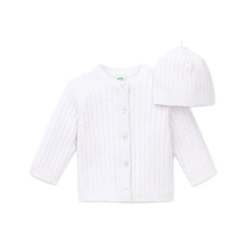 2 PC CARDIGAN & HAT KNIT WHITE CABLE STITCH / LLE00335N