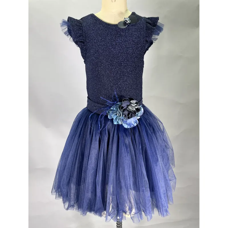 2PC DRESS & HAIRCLIP NAVY LAME BODICE TULLE SKIRT FLOWER PIN WAIST TRIM / 20306