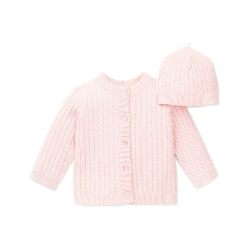 2 PC CARDIGAN & HAT KNIT LIGHT PINK CABLE STITCH / LLE00334N