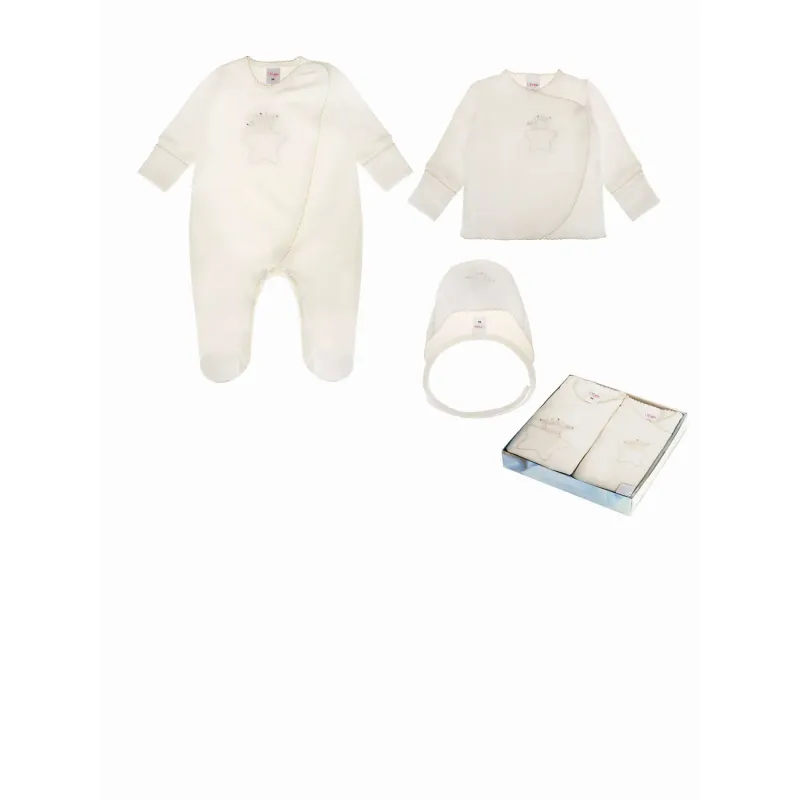 4PC SET IVORY GOLD STAR CROWN PRINT POLO BODYSUIT BABYGROW HAT & SCRATCH MITTENS / KAR