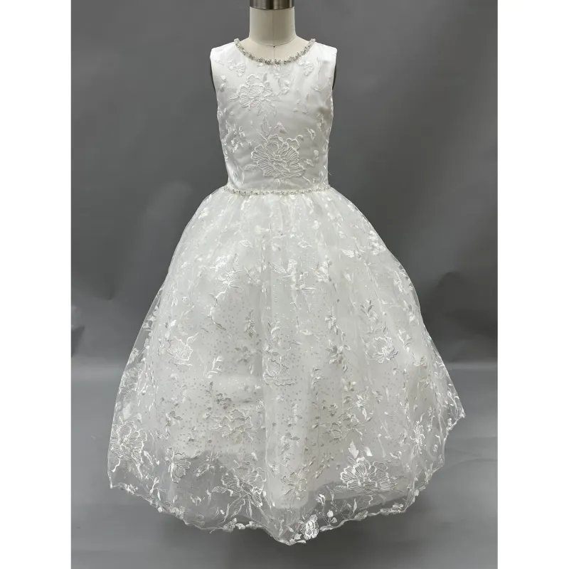 DRESS IVORY EMBROIDERED ALLOVER LACE SEQUINS &PEARL & RHINESTONE TRIM / 1985
