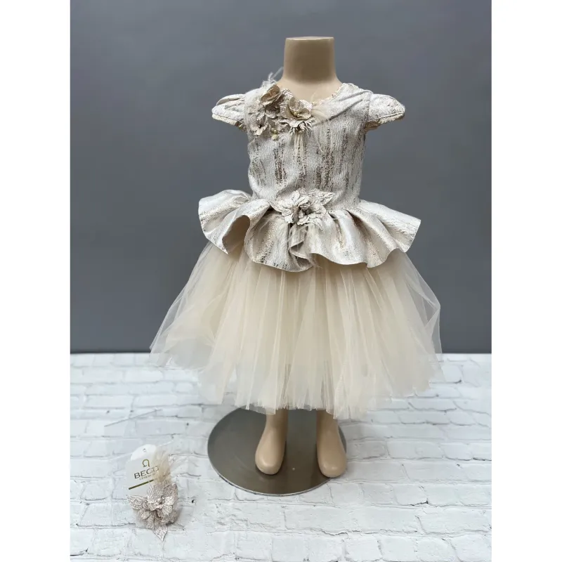 2 PC DRESS & HAIRCLIP GOLD EMBOSSED BODICE TULLE SKIRT WITH BELT FLOWER APPLIQUE / 20202